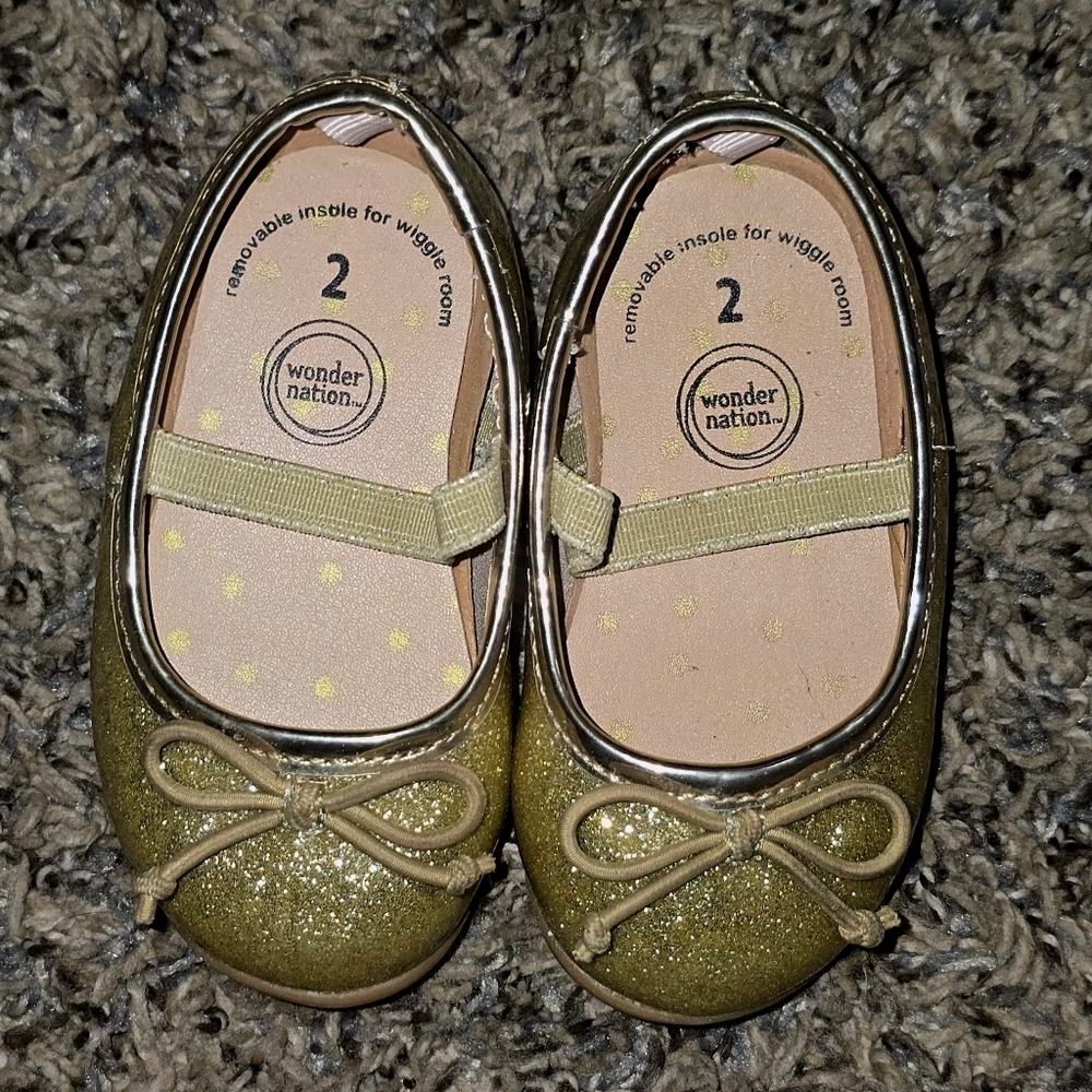 Wonder Nation Gold Glitter Bow Ballet Flats Size 2 Baby Girls